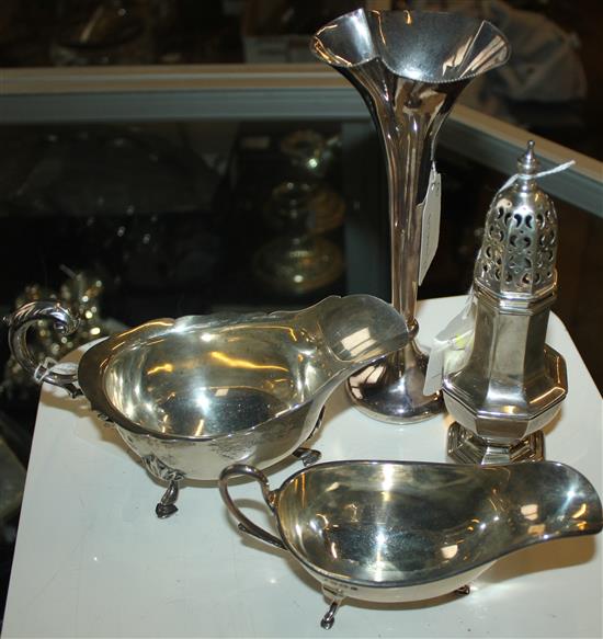 Walker & Hall silver sugar caster, silver sauce boat, cream jug & specimen vase (weighted)